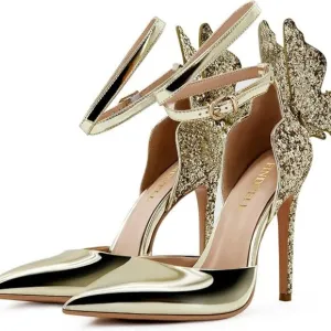 Womens Pointy Toe Butterfly High Stiletto Heel Wedding Bridal Buckle Shoes
