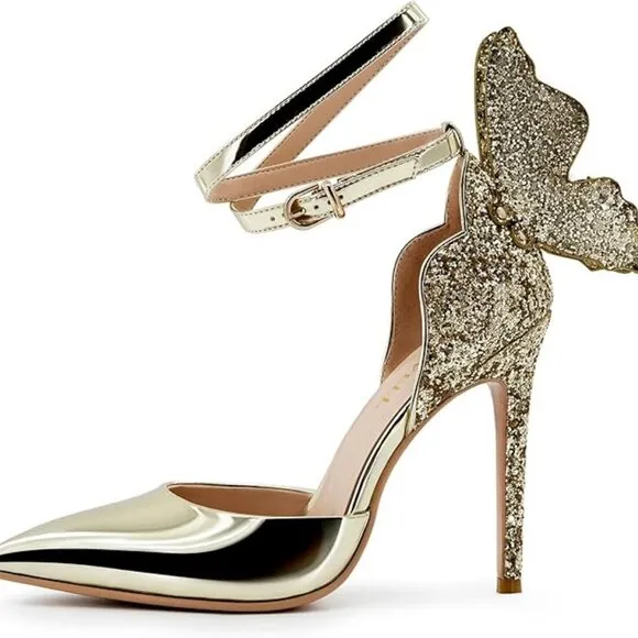 Womens Pointy Toe Butterfly High Stiletto Heel Wedding Bridal Buckle Shoes