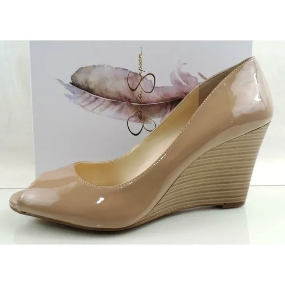 Women's Shoes Jessica Simpson Lorion Open Toe Wedge Pumps Nude Patent Size 10