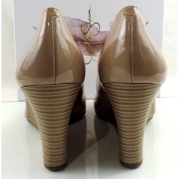 Women's Shoes Jessica Simpson Lorion Open Toe Wedge Pumps Nude Patent Size 10