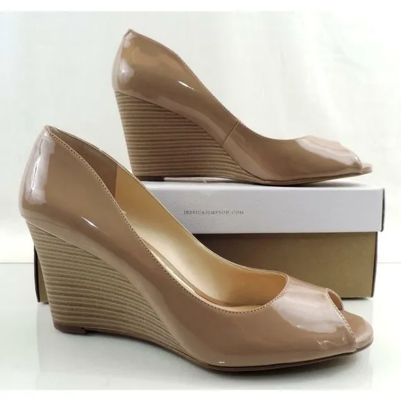 Women's Shoes Jessica Simpson Lorion Open Toe Wedge Pumps Nude Patent Size 10