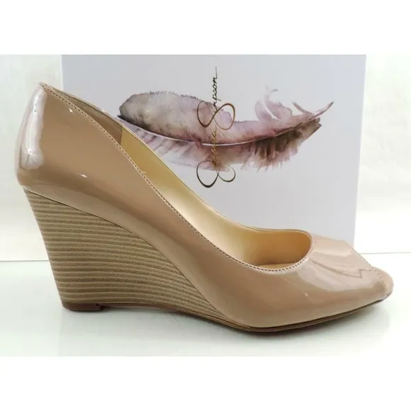 Women's Shoes Jessica Simpson Lorion Open Toe Wedge Pumps Nude Patent Size 10