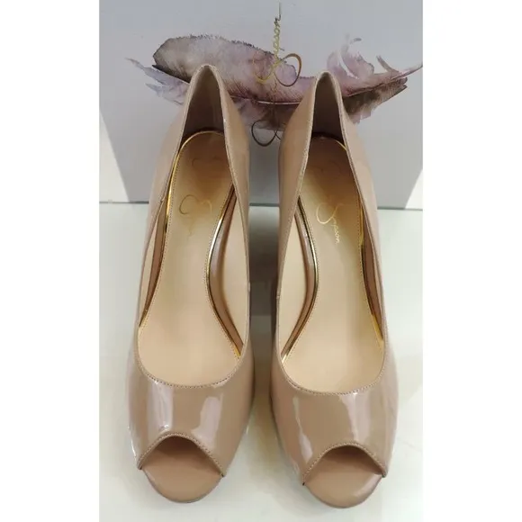 Women's Shoes Jessica Simpson Lorion Open Toe Wedge Pumps Nude Patent Size 10