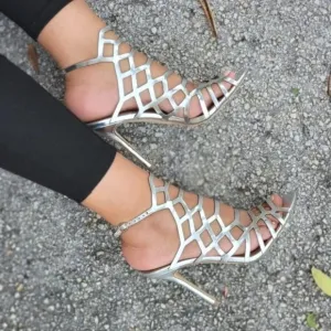 Women's Slingback Stiletto Sandal Peep Toe Hollow Silver Color