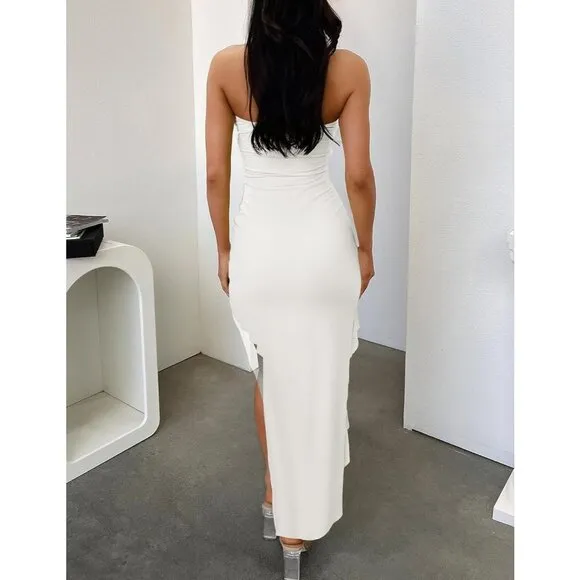 Women's  White Strapless Bodycon  Shoulder Mesh Tassel Ruffle Side Maxi Dresses