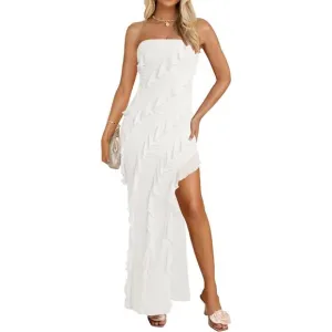 Women's  White Strapless Bodycon  Shoulder Mesh Tassel Ruffle Side Maxi Dresses