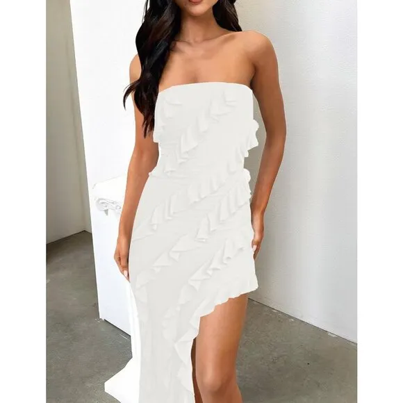 Women's  White Strapless Bodycon  Shoulder Mesh Tassel Ruffle Side Maxi Dresses