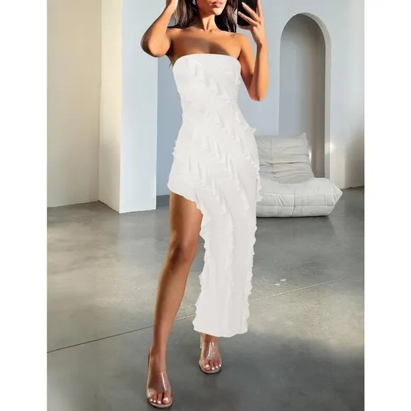 Women's  White Strapless Bodycon  Shoulder Mesh Tassel Ruffle Side Maxi Dresses