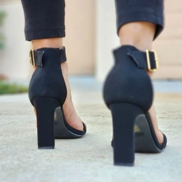 Women's Black Nubuck Ankle Strap Block Heel Dress Sandals