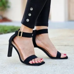 Women's Black Nubuck Ankle Strap Block Heel Dress Sandals