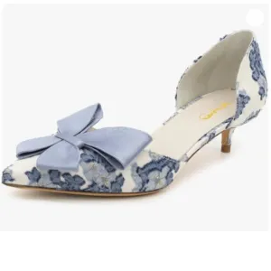 XYD Women Kitten Heel Bridal Bowknot Pumps Elegant Pointed Closed Toe Blue Shoes