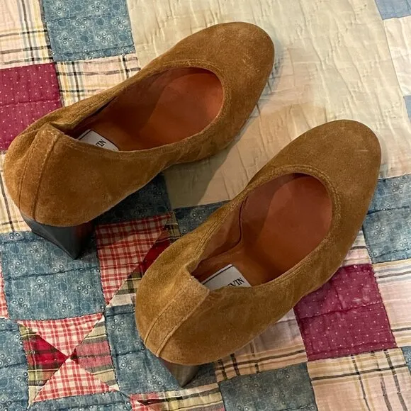 y2k Suede Lanvin Tan Pump Size 37 Ballet Ballerina Wedges High Heel Designer