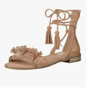 YDN Nude Women's Stacked Low Heels Fringes Sandals Open Toe Lace up Club Shoe