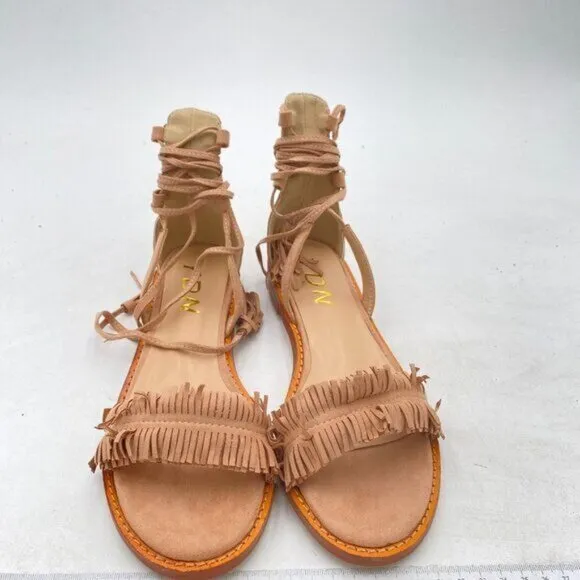 YDN Nude Women's Stacked Low Heels Fringes Sandals Open Toe Lace up Club Shoe