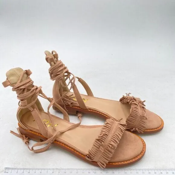 YDN Nude Women's Stacked Low Heels Fringes Sandals Open Toe Lace up Club Shoe