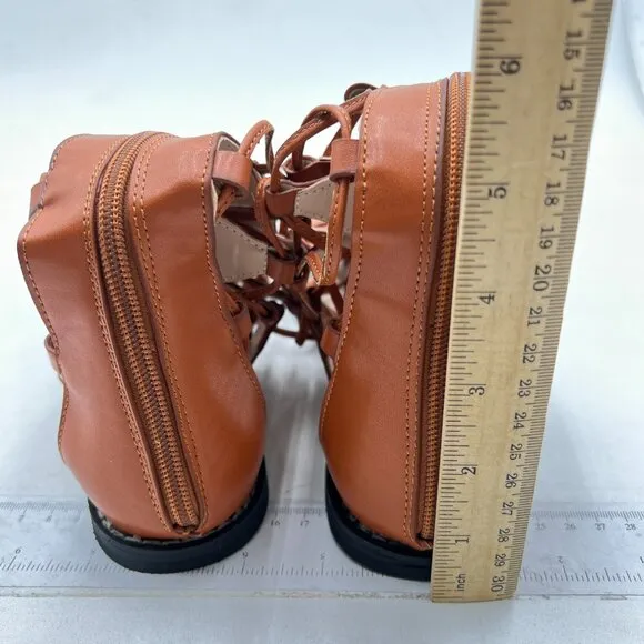 YDN Women Knee High Lace up Flats Fringe Low Heel Gladiator Strap Sandals Brown