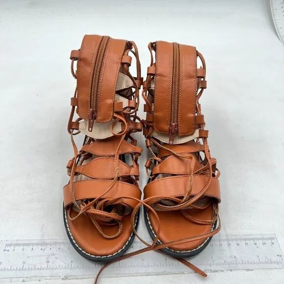 YDN Women Knee High Lace up Flats Fringe Low Heel Gladiator Strap Sandals Brown
