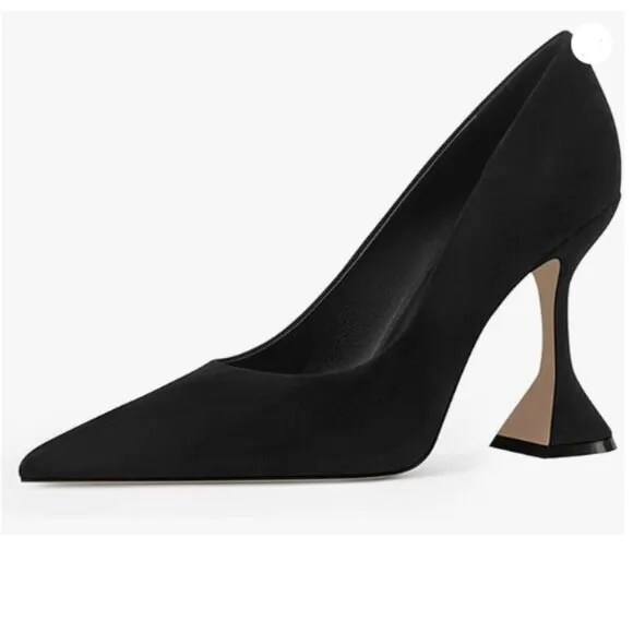 YDN Women Pointed Toe Slip on Pumps Special Kitten High Heel Black Shoes