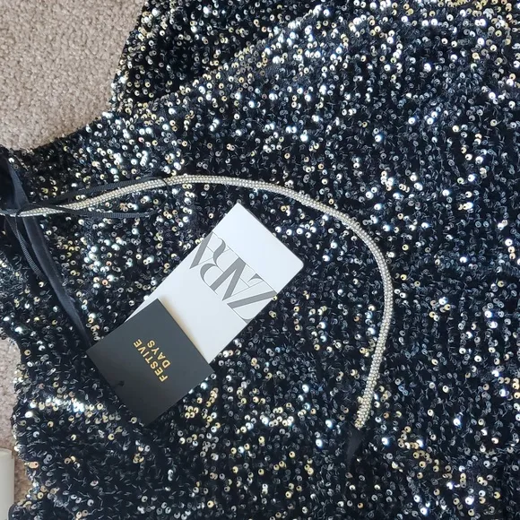 Zara ASYMMETRICAL SEQUIN MIDI DRESS SIZE XS