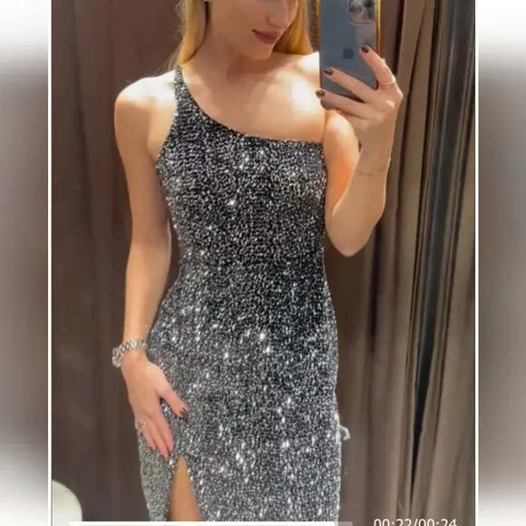 Zara ASYMMETRICAL SEQUIN MIDI DRESS SIZE XS