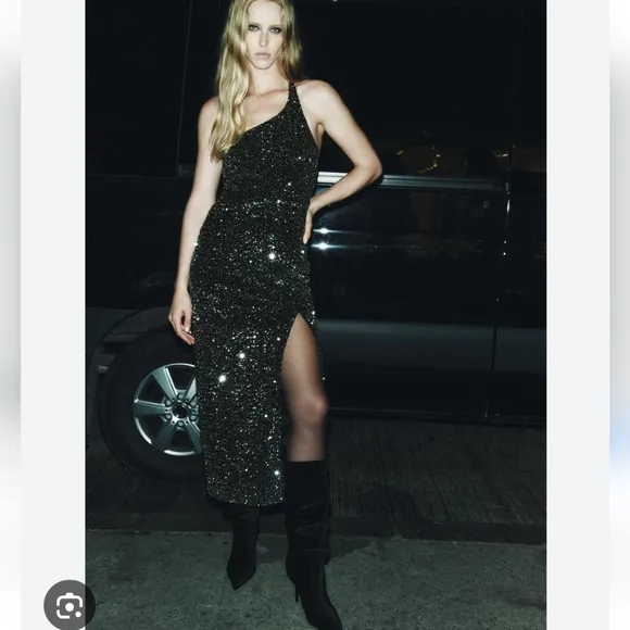 Zara ASYMMETRICAL SEQUIN MIDI DRESS SIZE XS