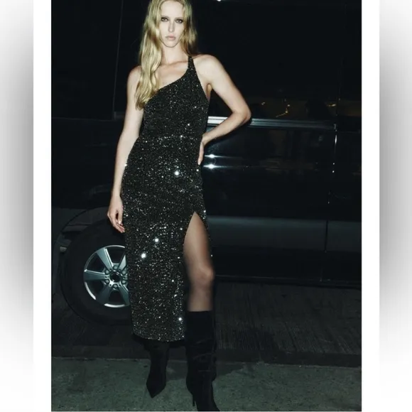 Zara ASYMMETRICAL SEQUIN MIDI DRESS SIZE XS