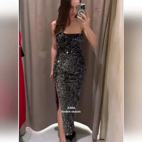 Zara ASYMMETRICAL SEQUIN MIDI DRESS SIZE XS