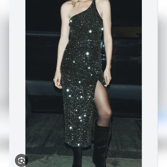 Zara ASYMMETRICAL SEQUIN MIDI DRESS SIZE XS