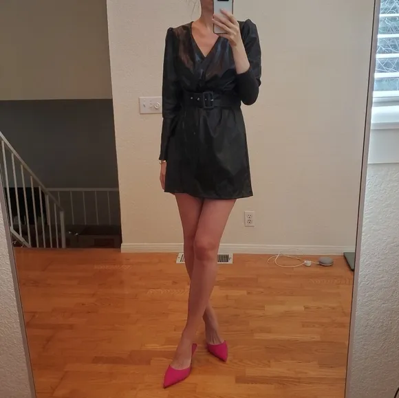 Zara * belted faux leather dress wrap mini black