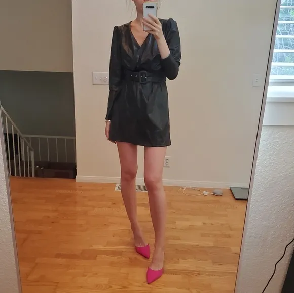 Zara * belted faux leather dress wrap mini black