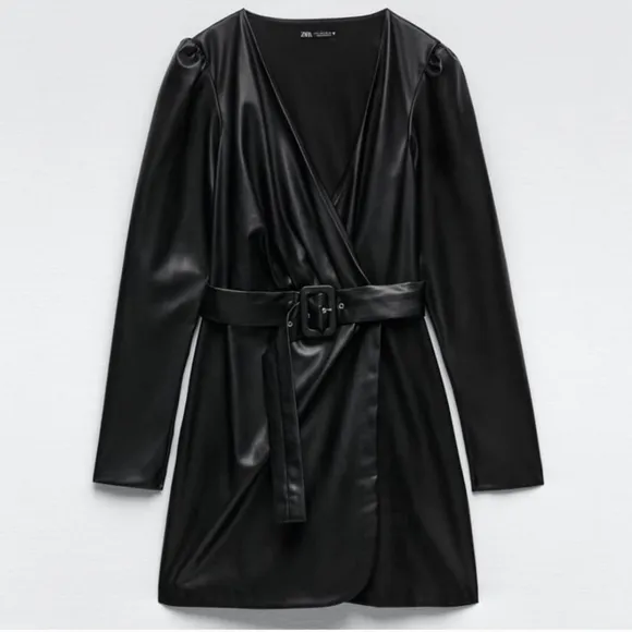 Zara * belted faux leather dress wrap mini black
