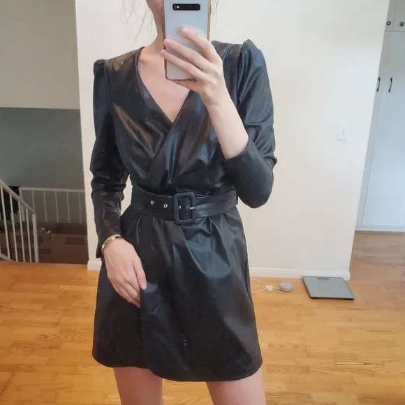 Zara * belted faux leather dress wrap mini black