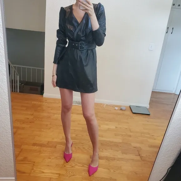 Zara * belted faux leather dress wrap mini black