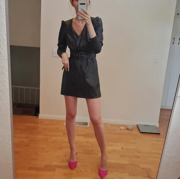 Zara * belted faux leather dress wrap mini black