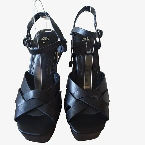 ZARA Black Leather High Heel  Crisscross Straps Platforms EU 40