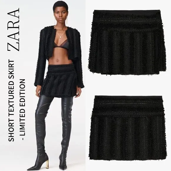 Zara Black Textured fabric High waist Mini Skirt Limited Edition tonal beads NWT