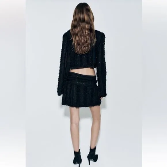 Zara Black Textured fabric High waist Mini Skirt Limited Edition tonal beads NWT