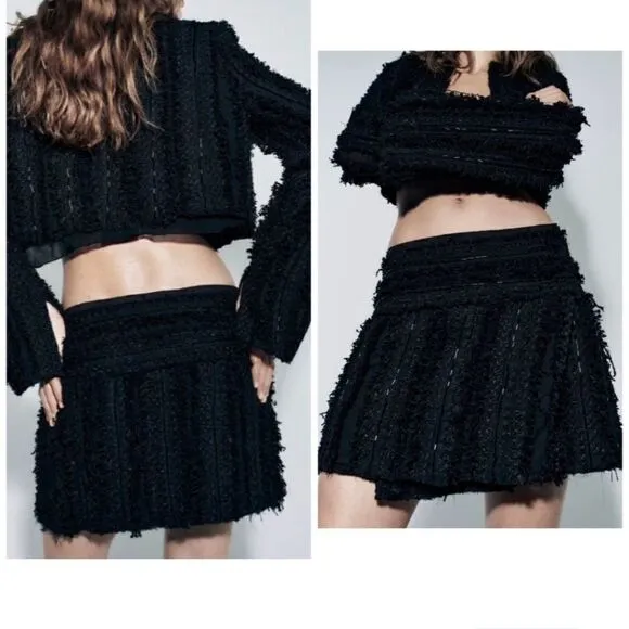 Zara Black Textured fabric High waist Mini Skirt Limited Edition tonal beads NWT