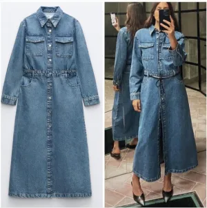 ZARA DENIM MIDI DRESS Blue Size S