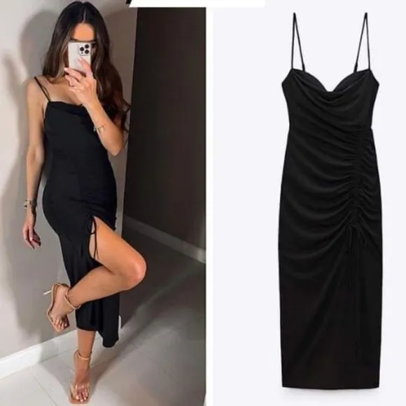 ZARA Draped Midi Dress Front Slit Black