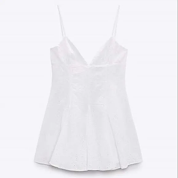 Zara * embroidered eyelet jumpsuit dress L white