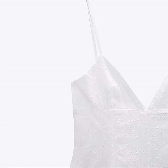 Zara * embroidered eyelet jumpsuit dress L white