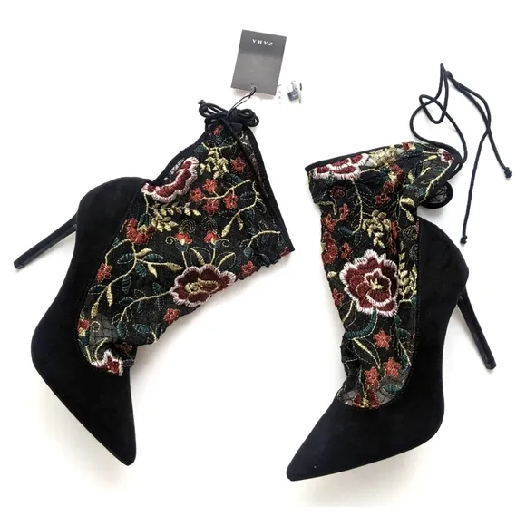 Zara Floral Embroidery Stocking-style High Heel Shoes Size 6.5