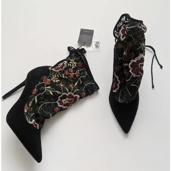 Zara Floral Embroidery Stocking-style High Heel Shoes Size 6.5