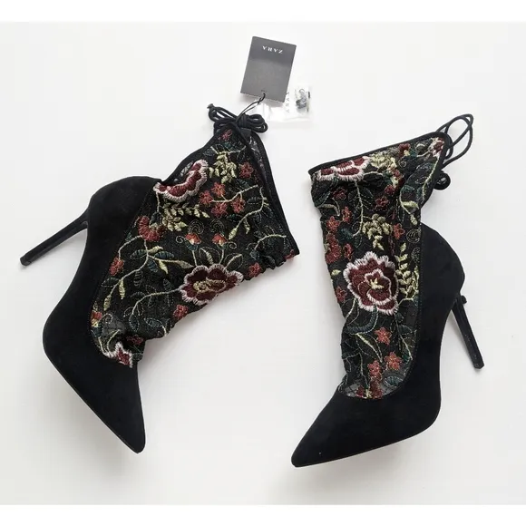 Zara Floral Embroidery Stocking-style High Heel Shoes Size 6.5