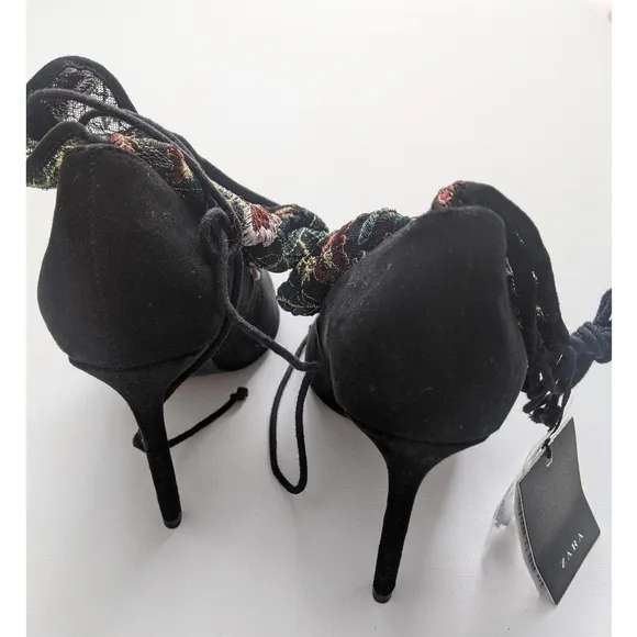 Zara Floral Embroidery Stocking-style High Heel Shoes Size 6.5