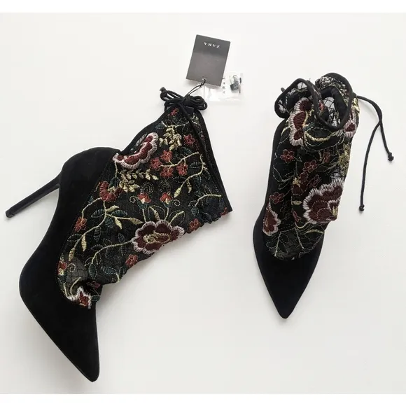 Zara Floral Embroidery Stocking-style High Heel Shoes Size 6.5