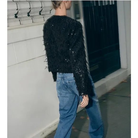 Zara fringe sequin sparkle blazer jacket