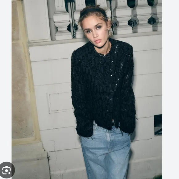 Zara fringe sequin sparkle blazer jacket