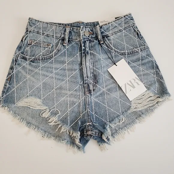 ZARA JEWWL HIGH WAIST SPARKLY RHINESTONE DENIM SHORTS SIZE 2/34